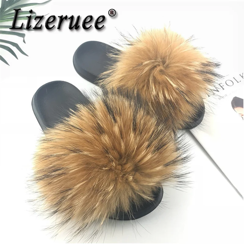 

Lizeruee Women Summer Real Fox Fur Slides Women Non-slip Fluffy Fur Slippers Ladies Solid Color House Plush Flat Sandals F6