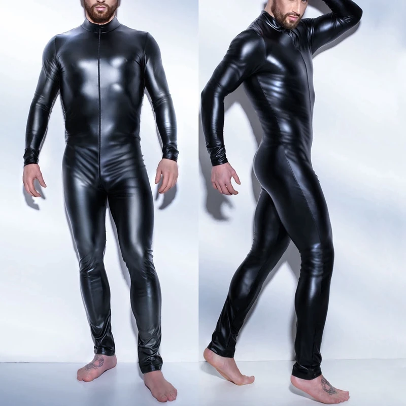 

Patent Leather Zipper Open Crotch Latex Catsuit Jumpsuit Sexy Lingerie for Men Erotic Costumes Spandex Catsuit Bodysuit Clubwear