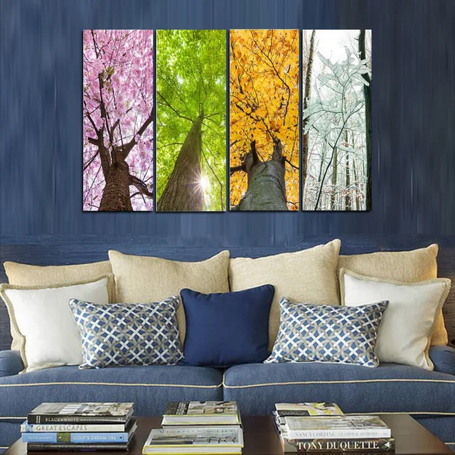 Original Oil Ink 4 Panels Canvas Print Four season Tree
