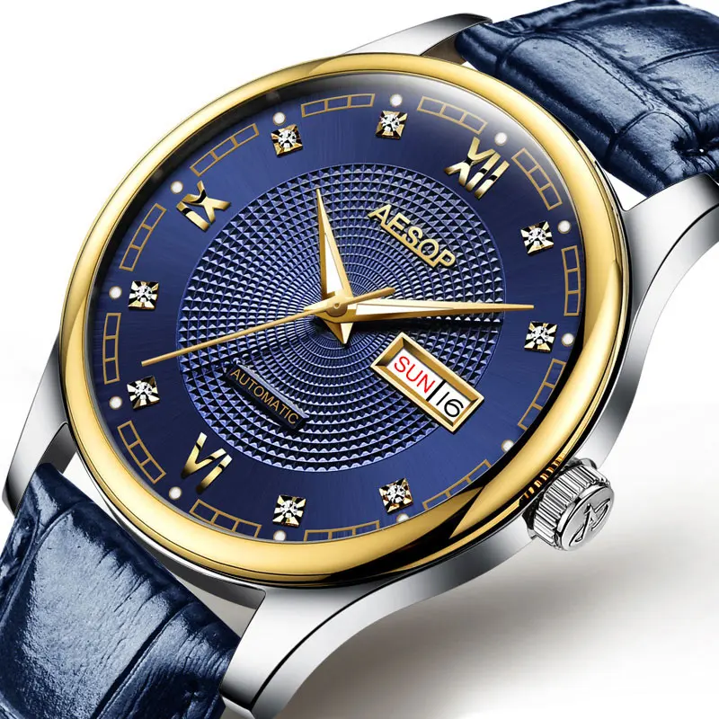 AESOP мужские деловые автоматические механические часы, мужские наручные часы, наручные часы из нержавеющей стали, мужские часы, мужские часы - Цвет: Blue blue L Box