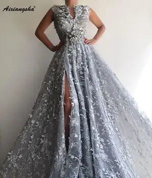 

2019 New Listing Silver Evening Dress Lace A-line V-Neck Sleeveless Split Long Evening Dresses Formal Party Gowns Vestidos