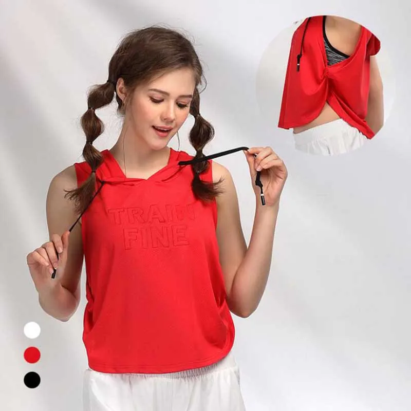 

Women Sports Top Quick-drying Hooded Yoga Fitness Blouse Loose Breathable Running Vest Sleeveless T-shirt Yoga Fitness smock