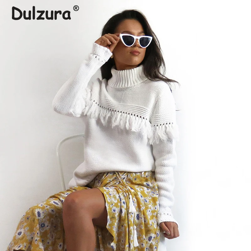 

Trendy 2018 Winter Turtleneck Tassels Women Pullovers Sweaters Elegant Sides Split Knitted Jumper Tops Women Warm Sweater Femme