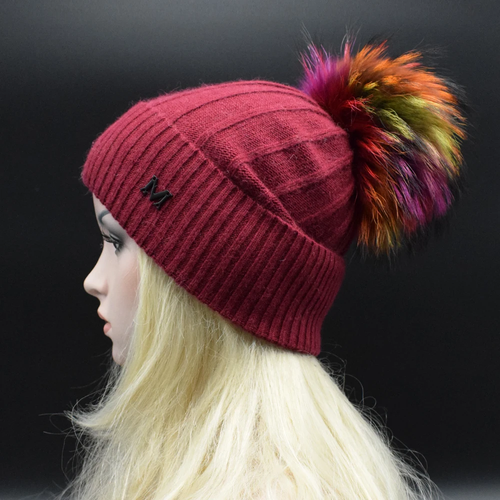 Newest Adult women Winter Hat with multicolored Raccoon fur pompoms High quality Brand wool