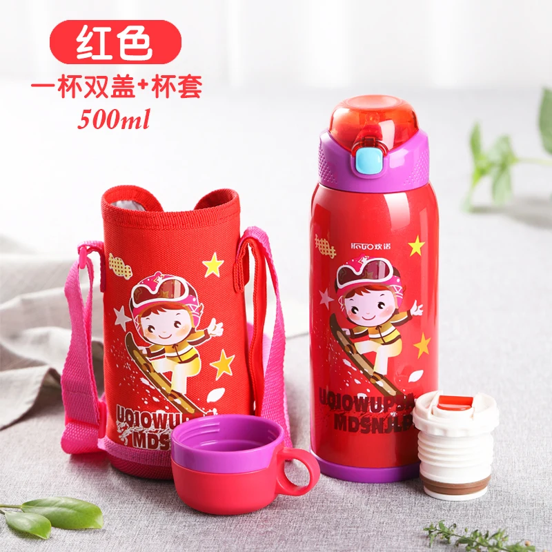 500ml Baby Feeding Thermos Cup Cute Cartoon Printed Portable Stainless Steel Vacuum Flask Birthday gift for kids baby with 2 Lid