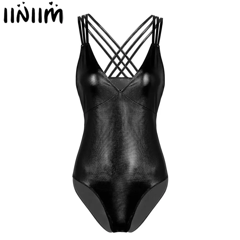 

iiniim Womens Sexy Clubwear Bodycon Pole Dancing Costumes Bodysuit Shiny Metallic High Cut Strappy Gymnastics Leotard Dancewear