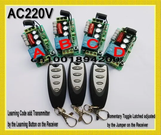 

AC220V Remote Control Switch 4 Receiver 3 Transmitter Learning Code Momentary Toggle Latched adjusted 10A Mini Transmitter