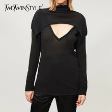 TWOTWIN стильная Лоскутная футболка для женщин, тонкая водолазка с длинным рукавом, открытая женская футболка, модный сексуальный стиль осень