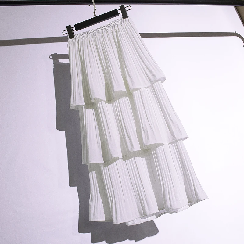 Autumn Women Skirt Solid Elastic High Waist Tiered Layered