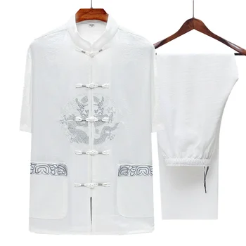 

Middle-aged mens casual two-piece summer men embroidered shirt and pant Asian size M - XXXXL