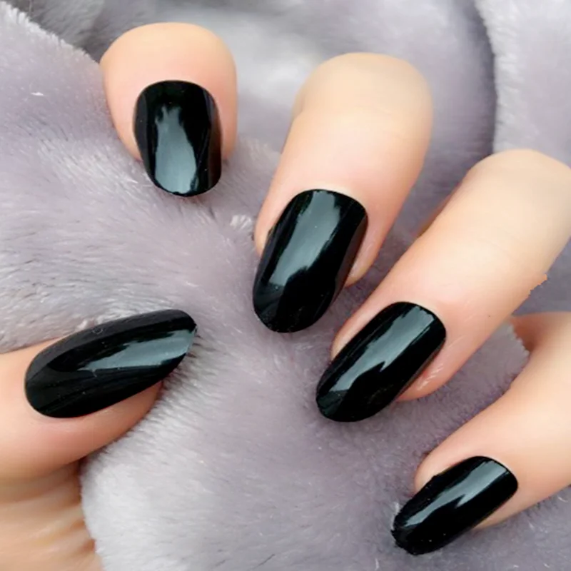 

24PCS Black Oval Fake Nails Short Impress Acrylic Nail False Artificial Plastic Finger Nails For Girls Clear Bling Nep Nagels