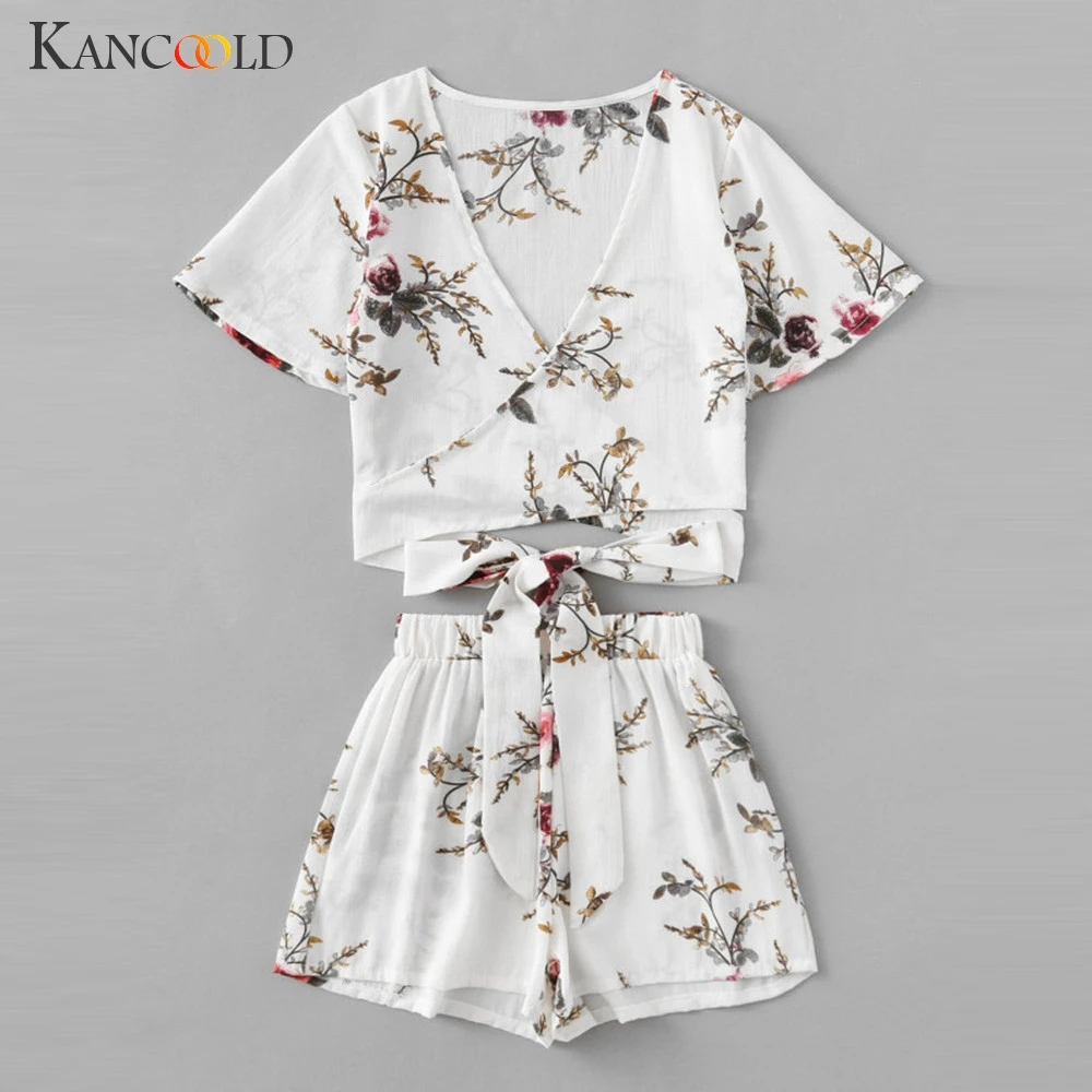 

KANCOOLD Set women Casual Two Piece Short Sleeve Printed Suit Beachwear Crop Tops Pants Set fashion new women Set 2019FEB4