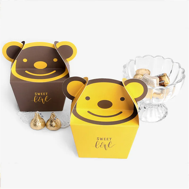 

10pcs/lot Cute Sweet Love Yellow Bear Wedding Candy Boxes Cartoon Animal Shape Brown Bear Birthday Party Favor Gift Cookies Box