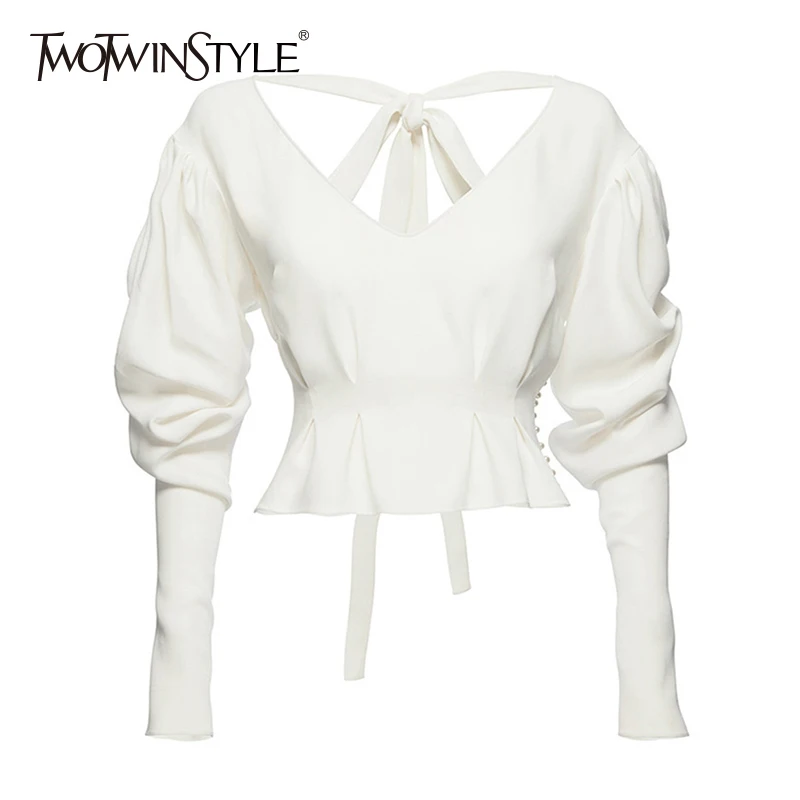 Najtaniej TWOTWINSTYLE Perły Bluzka V Neck Backless Lace Up Latarnia Rękaw Tunika Wysokiej Talii Koszula G oacute;ry Kobiet Moda Lato OL Odzież