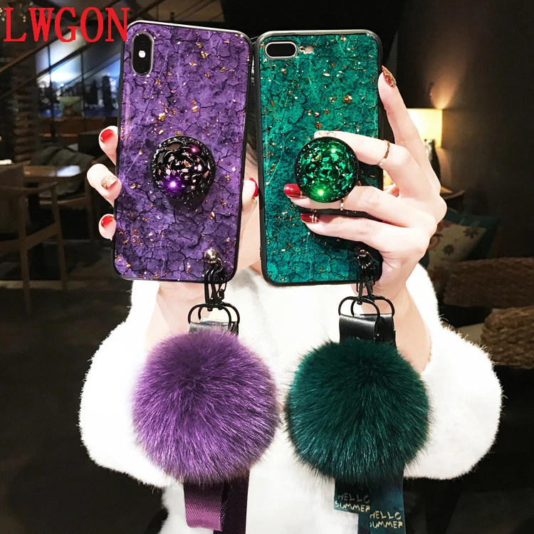 Luxury Diamond Gold foil Marble Glitter silicon case for iPhone 6 6S 7 8 Plus X XR XS Max With stand and Fox hair ball lanyard |