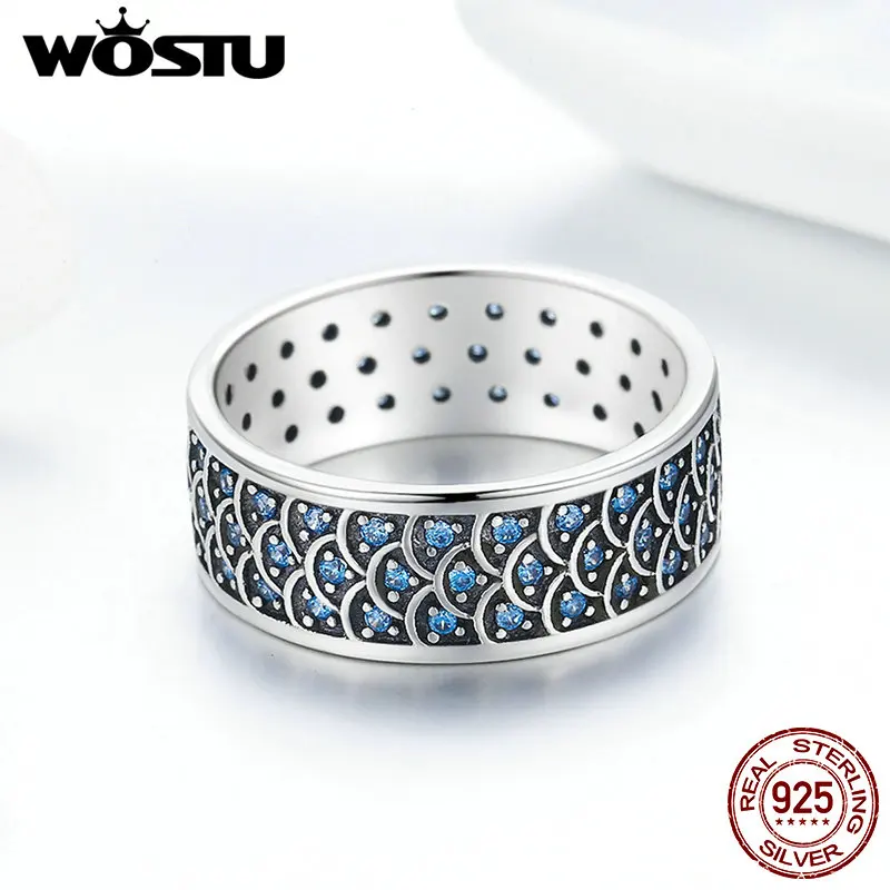 

WOSTU 2019 Authentic 925 Sterling SilverBlue CZ Ocean Waves Daughter Of Sea Wide Finger Rings Women Fashion Jewelry Gift BKR212