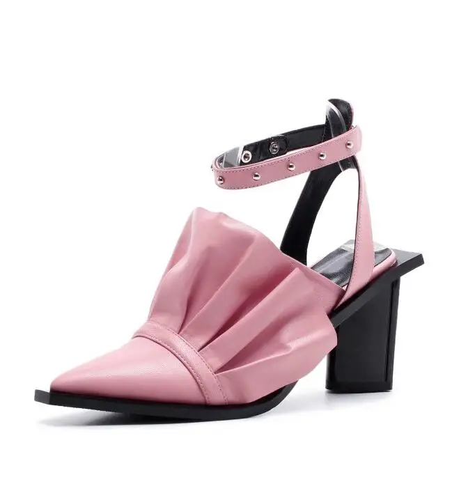 Summer genuine leather dress Sandals women square high Heels ruffles flowers bowties rivets pumps party shoes sapato feminino - Цвет: pink 8cm heel