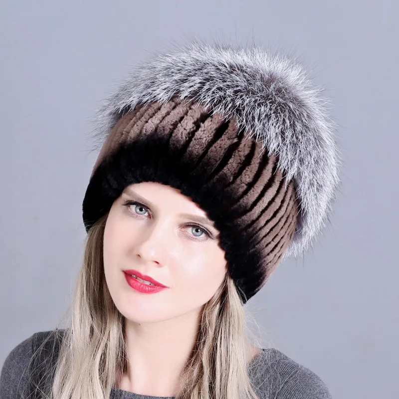 Женская Зимняя Шапка-бини, настоящий мех кролика, шапки для женщин, вязаная шапка, утолщенная Женская Роскошная шапка с лисой, BeaniesGIZWQLut3o - Цвет: color2