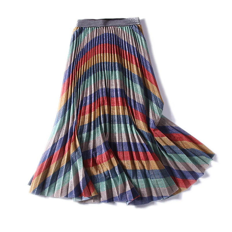 New Rainbow sequins printing with high absorption fine charming waist long fold joker bust skirt a7147 thin