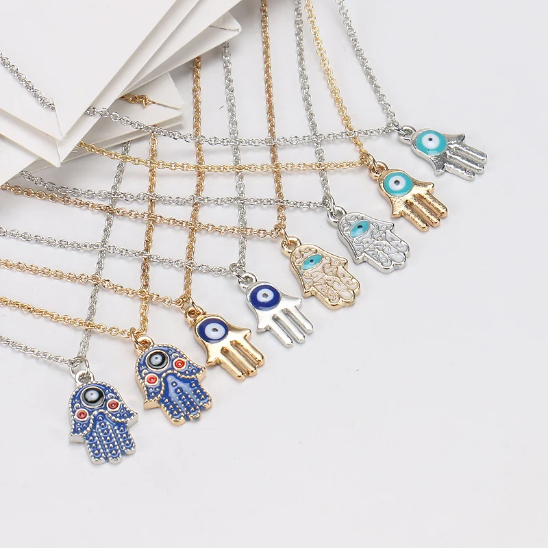 

EVIL EYE 1pc Alloy 4 style Hamsa hand Charms Wish Card Necklaces Gold Silver Links Chains For Women Jewelry Gift With Wish Card