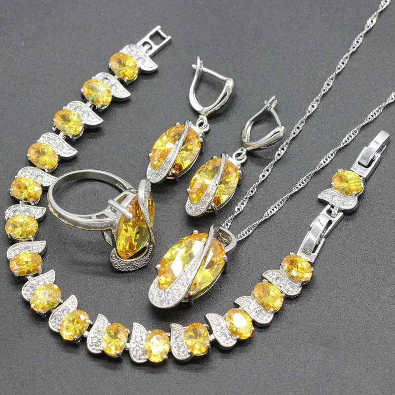 

2018 New Yellow Semi-precious Women 925 Silver Jewelry Sets Necklace Pendant Bracelet Ring Earrings Gift Boxes