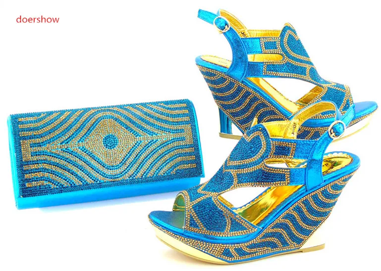 

doershow Italian Shoe with Matching Bag Set Decorated with blue African Shoe and Bag Set To Match for Party DK1-2
