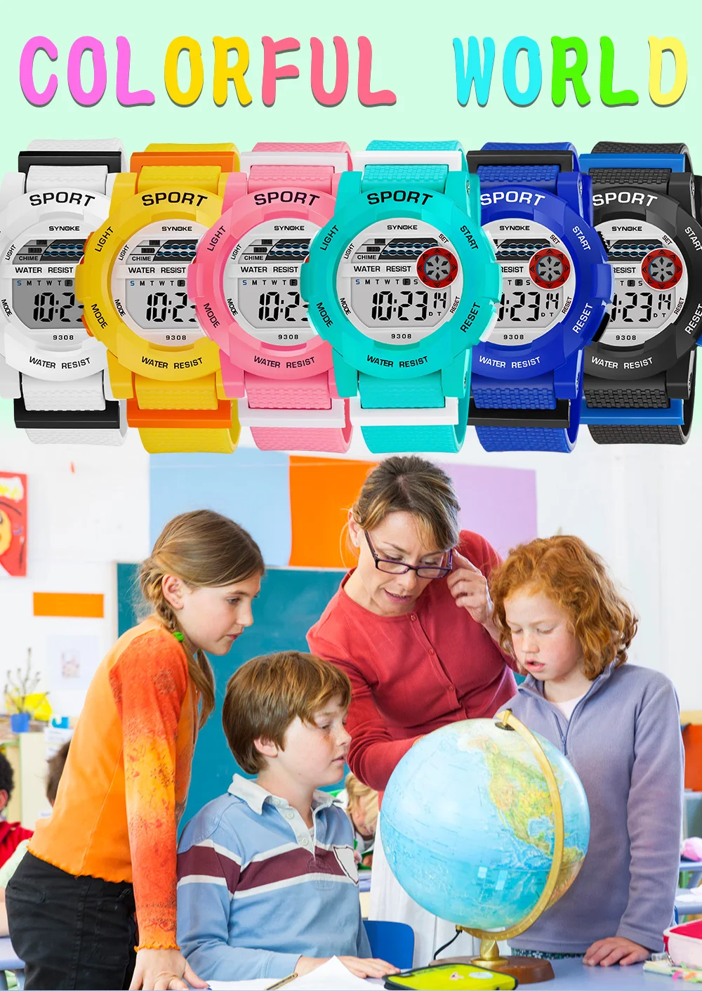 Synoke, детские часы, светодиодный, цифровые, 50 м, водонепроницаемые, детские, спортивные, многофункциональные, электронные, для мальчиков, студентов, наручные часы