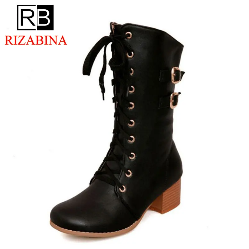 

RizaBina Size 31-43 Woman Short Winter Boots Metal Buckle Fur Lace Up Round Toe Woman Mid Calf Boots Woman Shoes Footwear