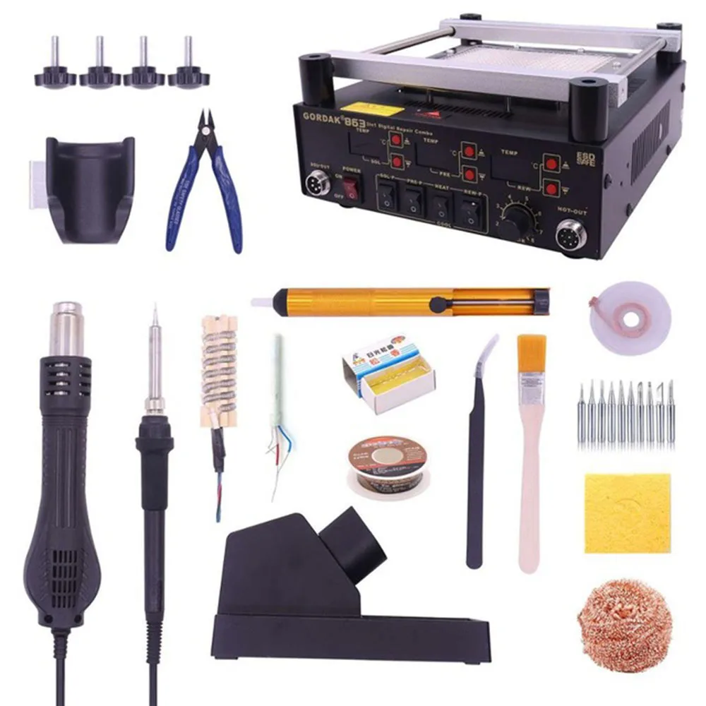 

Gordak 863 Hot Air Heat Gun BGA Rework Solder Station + Electric Soldering iron + IR Infrared Preheating Station With Free Gifts