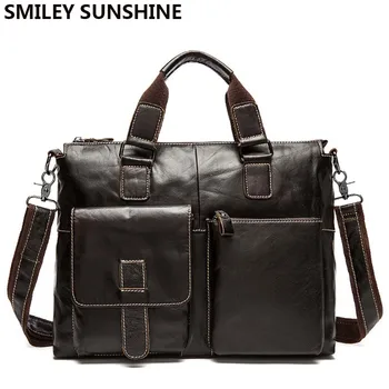

100% Genuine Leather Men's Briefcase Business Bag Black Male Office Work Laptop Bags Men Travel Bag attache brief case portfolio