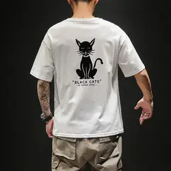 HAYBLST бренд Для мужчин футболка лето 2019 Повседневное модный принт кошка свободно Homme топы и тройники хлопка дышащие размер плюс 2XL Костюмы