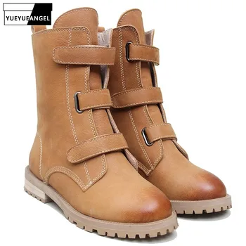 

Fur Snow Boots Women Winter Fleece Lining Thick Mid-Calf Booties British Style Brown Black Genuine Leather Half Boots Female