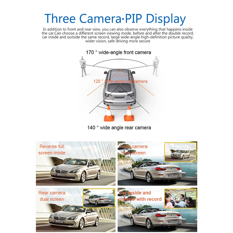 QUIDUX 4 дюйма IPS DVR Dashcam 3 способа камеры 170 градусов FHD 1080P ночного видения Видео