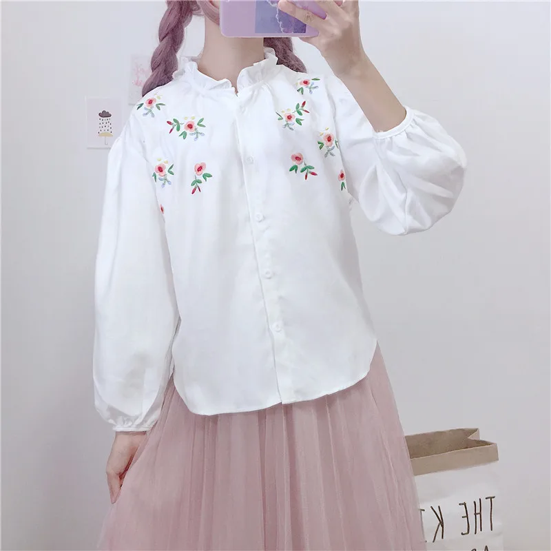 

Women's Shirts Ulzzang Japanese Kawaii Ladies Vintage Embroidered Corduroy Shirt Female Korean Harajuku Cute Clothes For Women