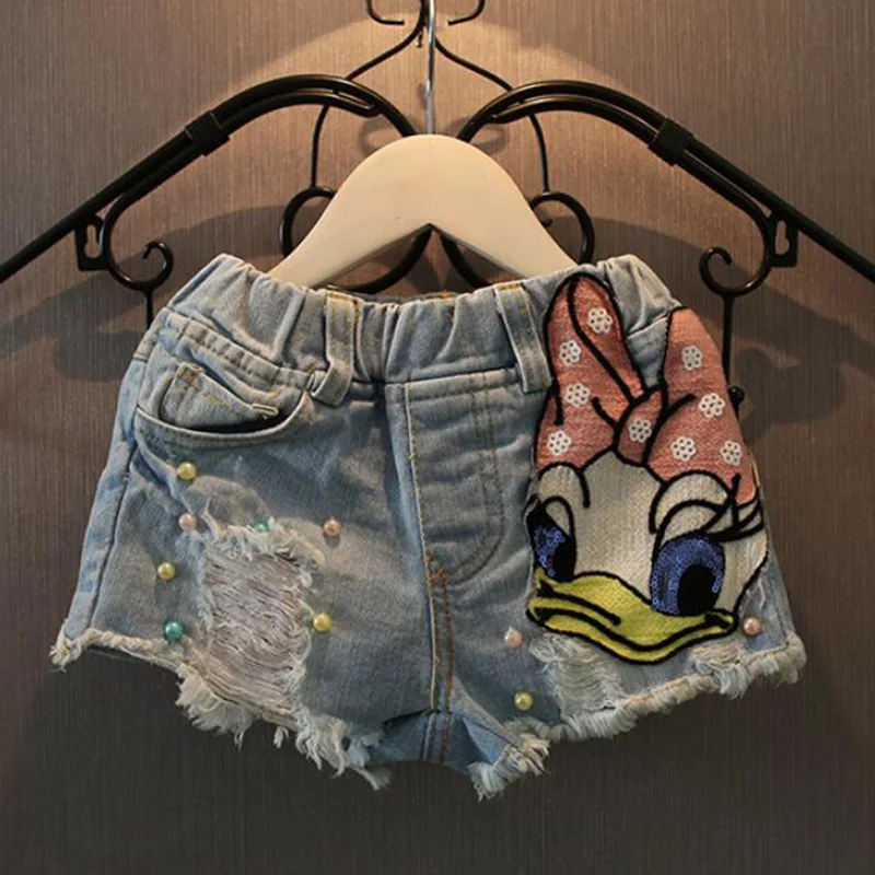 

Baby Girl Jeans Kids Mickey Duck Ripped Jeans for Kids Daisy Duck Shorts Girls Jeans Pants Pearl Pocket Cute Denim Pants 2-6 T