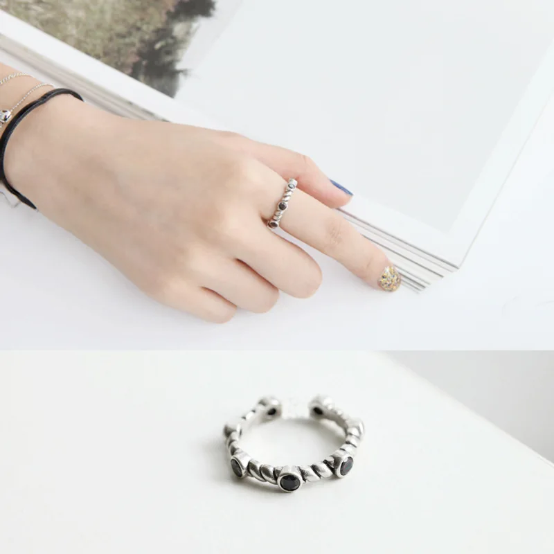 

Genuine 925 Sterling Silver Rings for Women Bezel Setting Cubic Zirconia Twist Adjustable Ring Thai Silver Vintage Jewelry