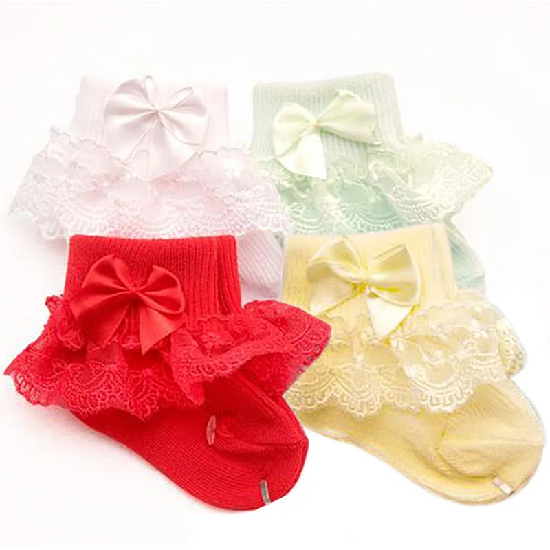 Новые кружевные носки с бантом для малышей теплые хлопковые носки для новорожденных девочек, милые носки-тапочки в стиле принцессы Детские аксессуары