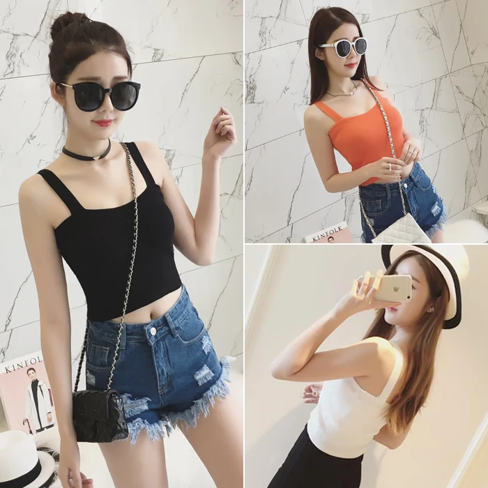 

Summer Ice Silk Knitted Cropped Camis Top Bottom Waistcoat Low-cut High Waistline Black Slim T-shirt Fashion Woman Streetwear