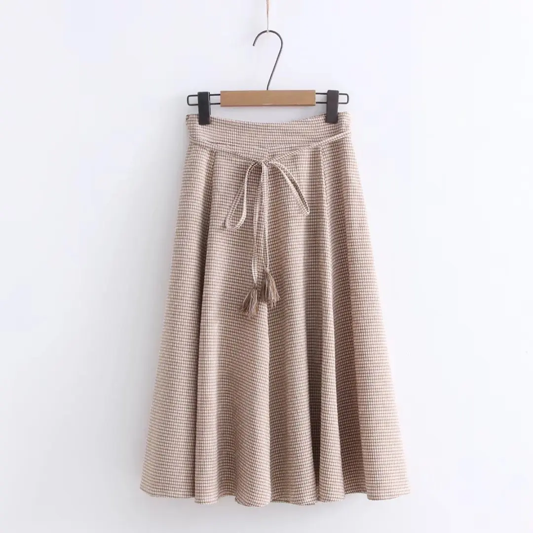 Новое поступление, женские клетчатые юбки со шнуровкой и кисточками, женские свободные плиссированные юбки до середины икры в японском стиле