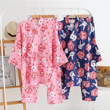 

Couple Japanese Kimono Cherry Cute Rabbit Pajamas Set Kimono Suit Thin 100% Cotton Gauze Gown Top Pants Women and Men Sleepwear
