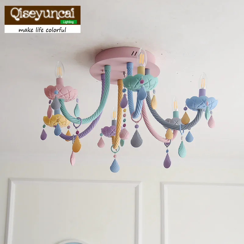 

Qiseyuncai American macaron color matching children's room crystal ceiling lamp girl bedroom lighting free shipping