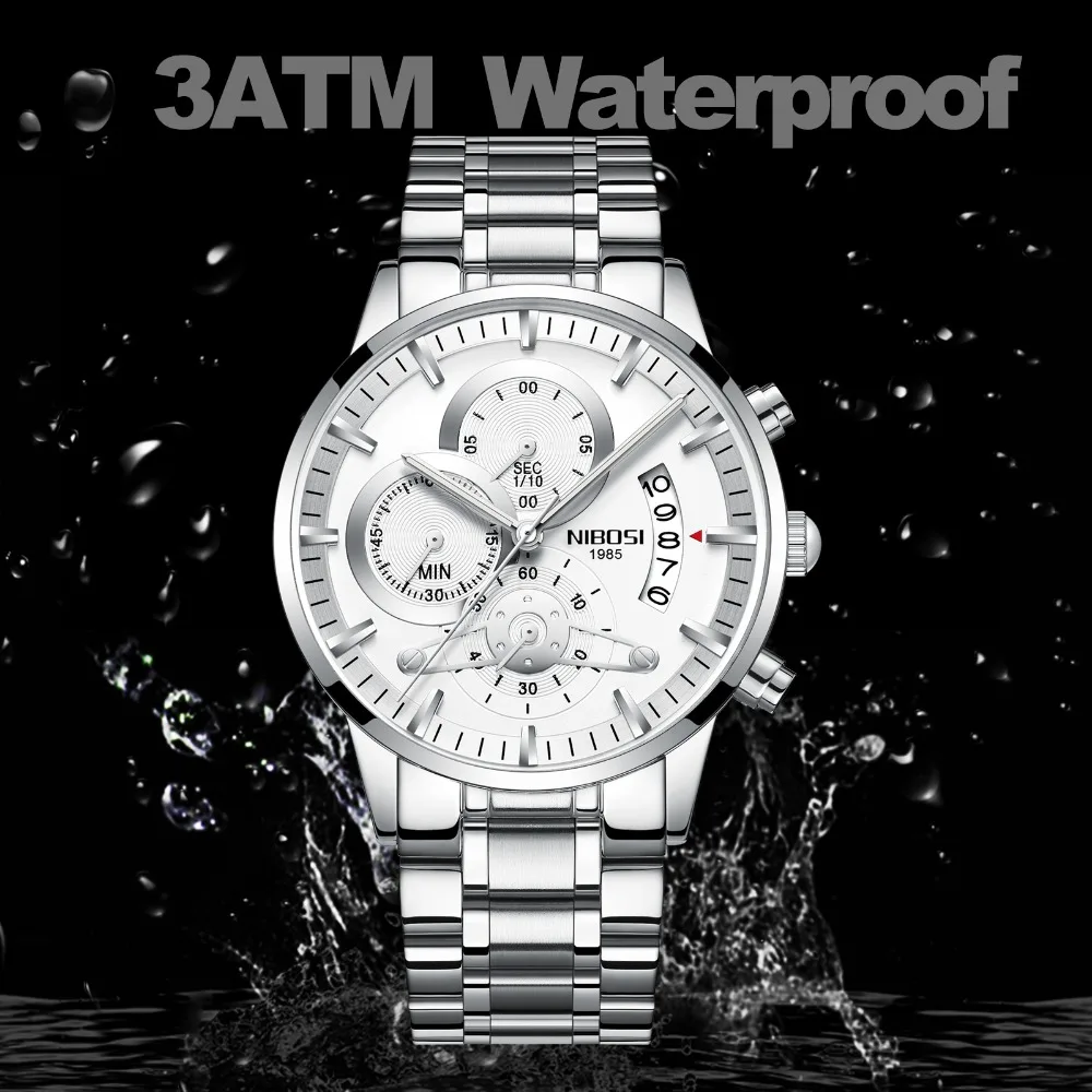 

NIBOSI Men's WatchTop Luxuary Fashion Business Quartz Chronograph Watch Men Full Steel White Waterproof Clock Relogio Masculino
