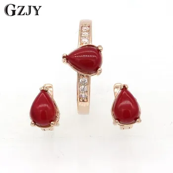

GZJY Fashion Charming WaterDrop Red Coral AAA Zircon Gold Color Earrings Ring Set For Women Wedding Party Jewelry J03-2