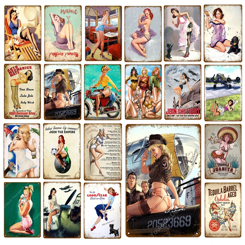 

Sexy Lady Car Motorcycle Airplane With Pin Up Girls Metal Tin Signs Vintage Poster Art Painting Craft Pub Bar Home Wall Decor