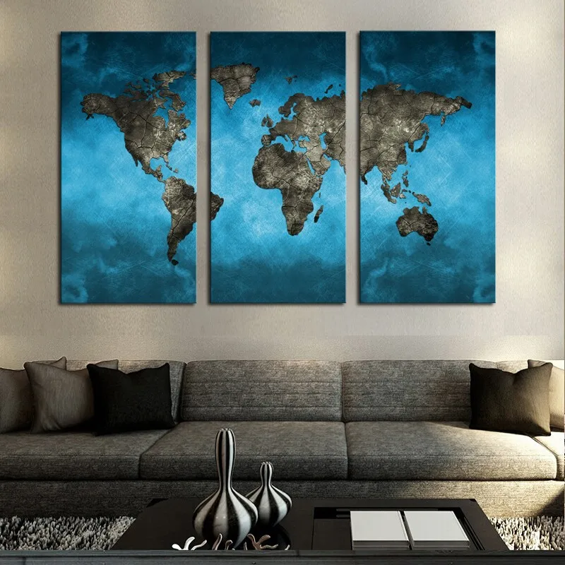 

Modern HD Printed Picture Canvas Painting Frame Modular Wall Art 3 Panel Retro Blue World Map Landscape Poster Home Decor PENGDA