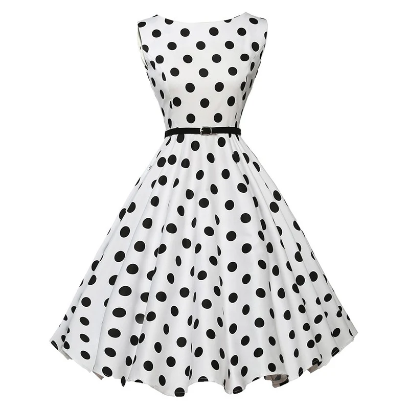Kostlich 2018 Women Dot Printed Big Swing Dress Summer O-Neck Casual Ladies Dresses Hepburn Vintage Dress With Sashes Plus Size  (4)