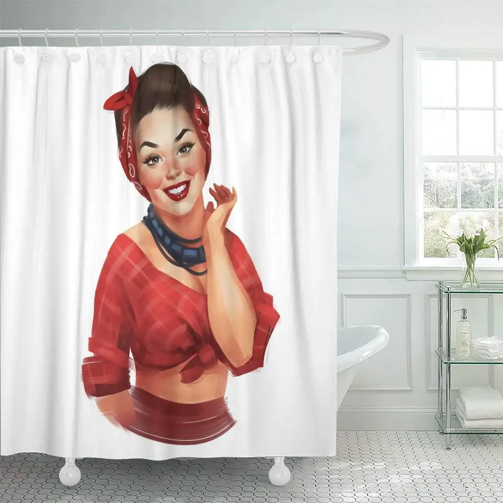 

Shower Curtain with Hooks Retro Pin up Woman with Red Cheeks with Black Hair White for Vintage Party Old Design