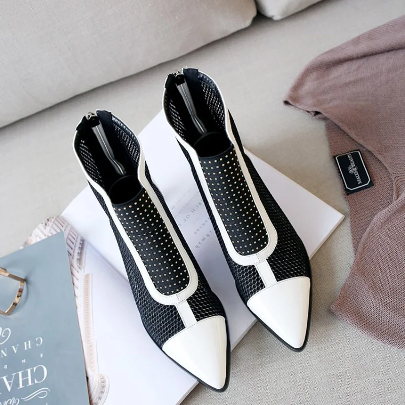 Summer Boots Shoes Woman 2018 Spring Fashion Mesh Ankle Boots For Women Patent Genuine Leather Color Block High Heels For Woman (17)