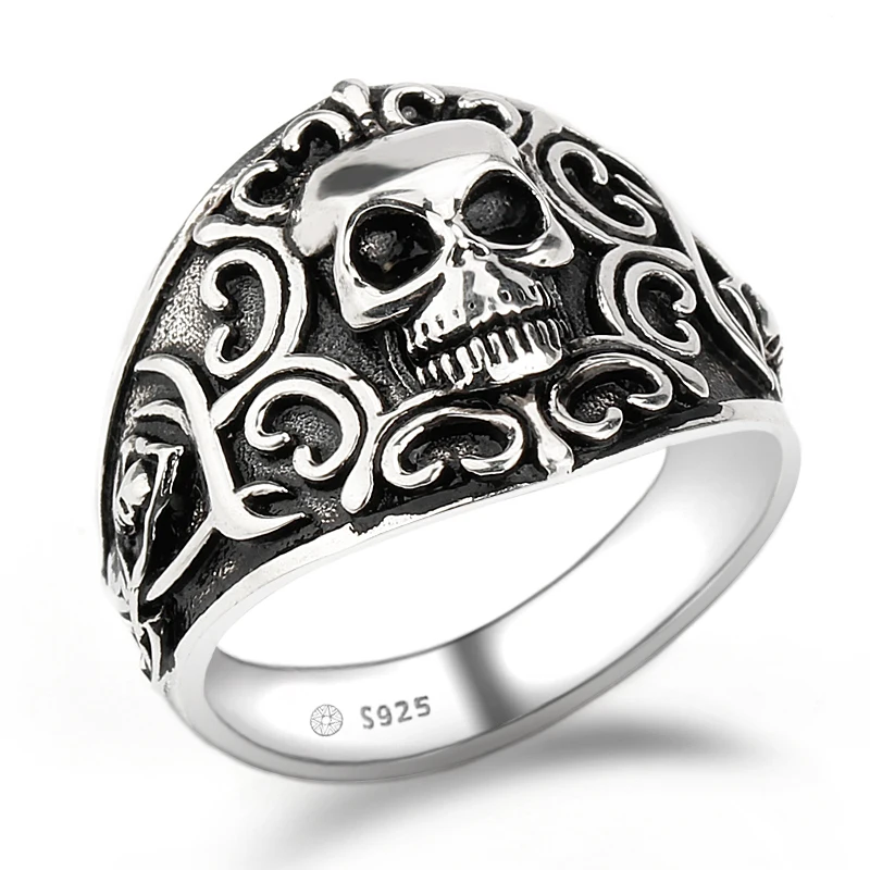 

925 Sterling Silver Men Ring Grim Reaper Hell Death Vintage Style Biker Skull Ring For Man Punk Jewelry