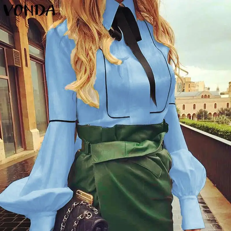  VONDA Ladies Office Shirt 2019 Autumn Blouse Women Sexy Lantern Sleeve Turn-down Collar Shirt Casua
